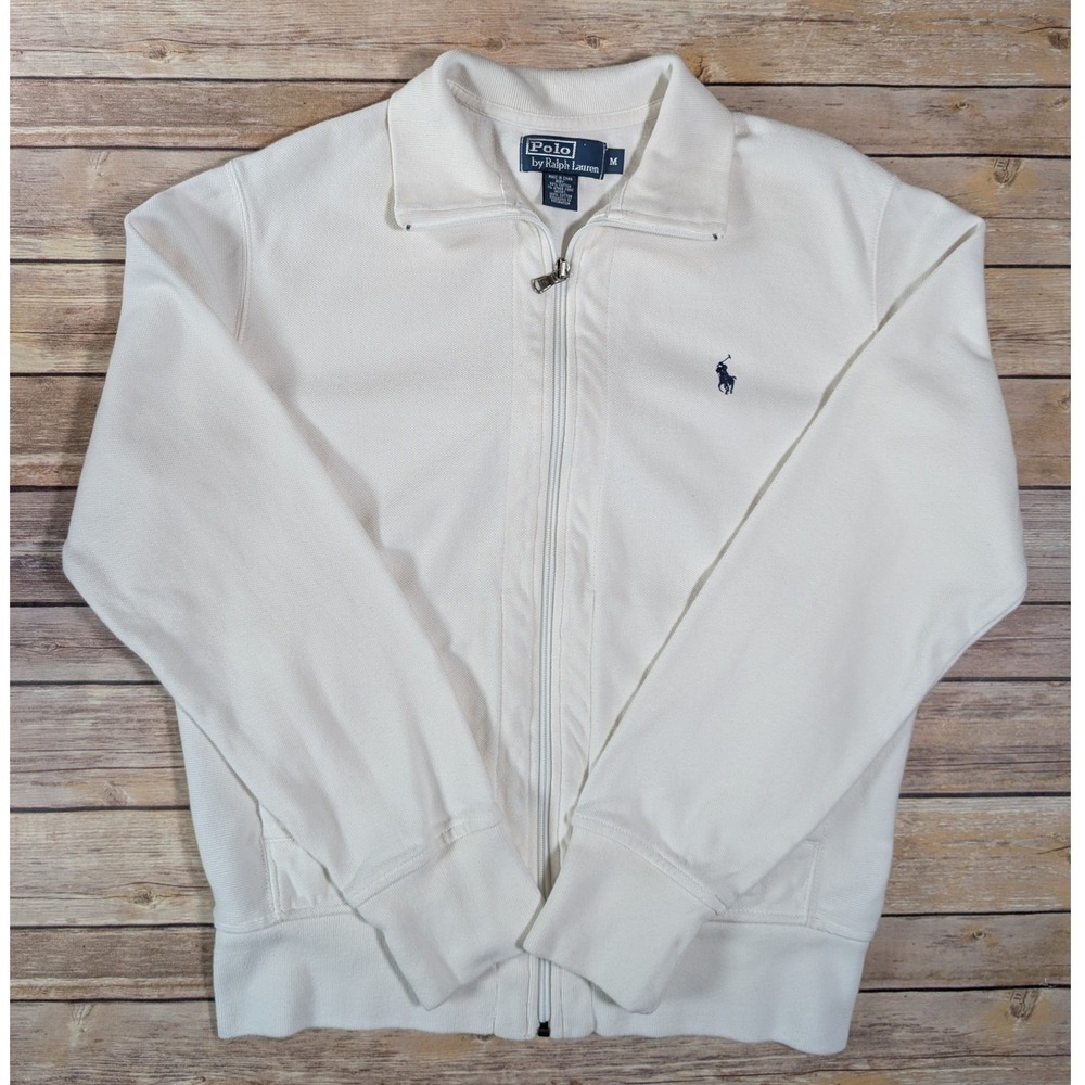 Polo Ralph Lauren Zip Up Track Jacket Mens M Cotton White Pique Pony Logo